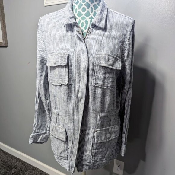 Christopher & Banks Jacket Off White Blue Striped Linen Blend Pockets Size LARGE - Picture 2 of 9